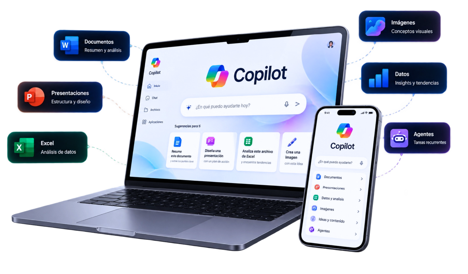 Microsoft Copilot en laptop y celular