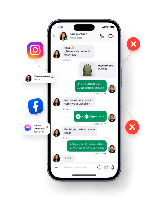 Conversaciones de venta por WhatsApp e Instagram en un móvil