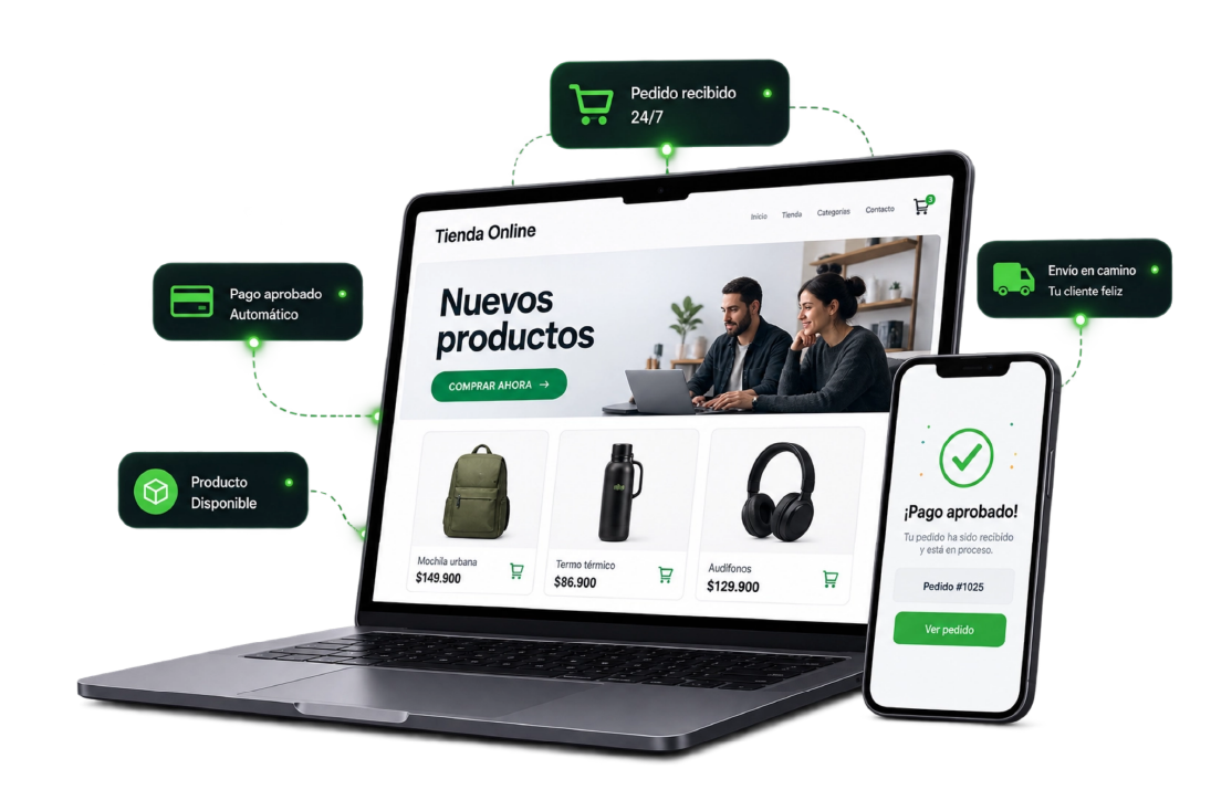 Tienda online mostrada en portátil y móvil, con avisos de pedido recibido, pago aprobado y envío en camino