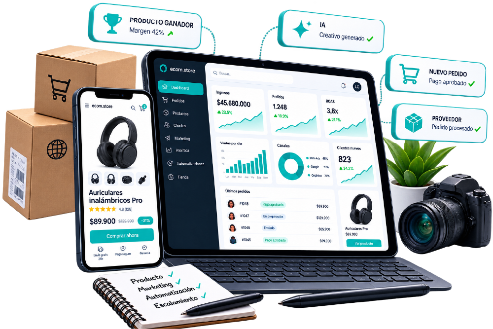 Panel de e-commerce con métricas de ventas, tienda móvil y notificaciones de pedidos